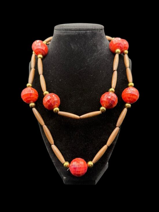 None Jewelry - Bold Orange Bead and Wood Double Strand Long Station Necklace